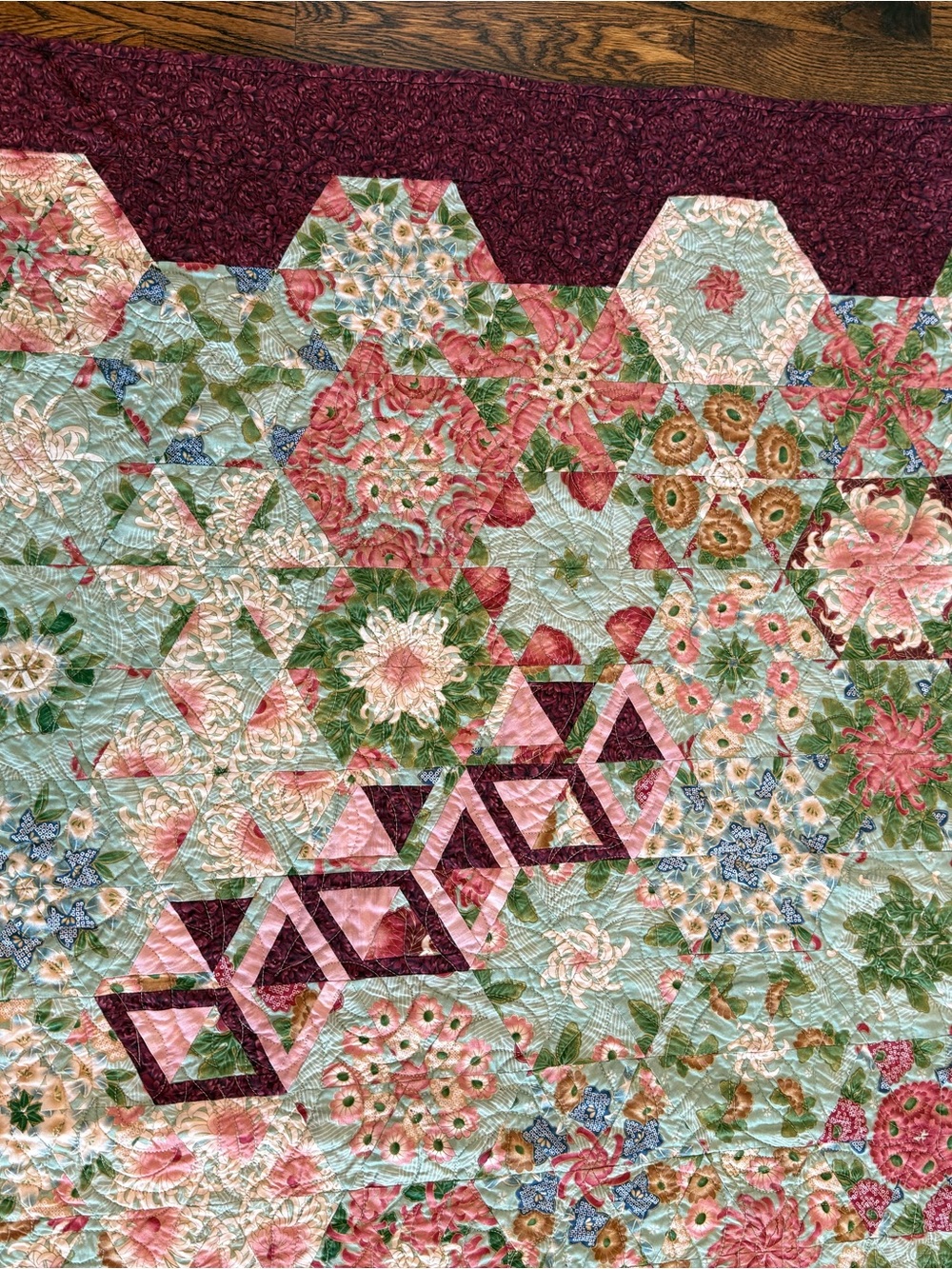 Handmade Floral Hexagon Quilt - Burgundy Border, Multicolor Center - Picture 7 of 12